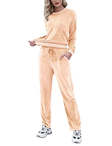 Totatuit Women's Velour Sweatsuits Sets 2 Piece Outfits Striped Long Sleeve Pullover and Pants Tracksuit with Pocket S-XXL