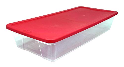 HOMZ Large 41 Quart Clear Plastic Under Bed Stackable Holiday Storage Container with Red Snap Lock Lid, Red/Clear (2 Pack)