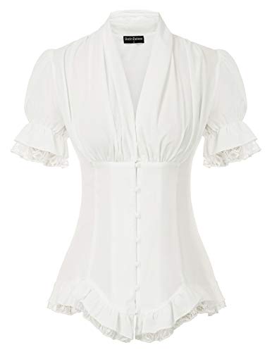 Peplum Blouse for Women Short Puff Sleeves Dressy Top Elegant Victorian Shirt White L