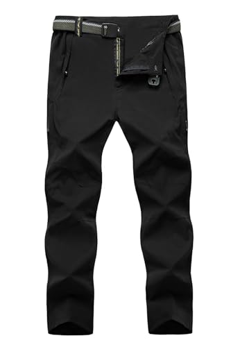 TBMPOY Men's Hiking Pants with Belt Outdoor Quick-Dry Lightweight Waterproof Fishing Mountain Pants 5 Zipper Pockets Thin Black M
