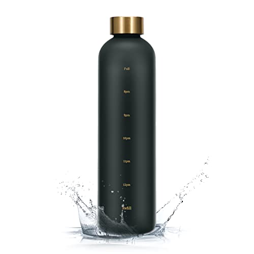 MUCR 32 oz Water Bottle With Time Marker, Motivational Clear Water Bottles, Lightweight and Frosted, BPA Free for Gym, Sport, Outdoors, Black