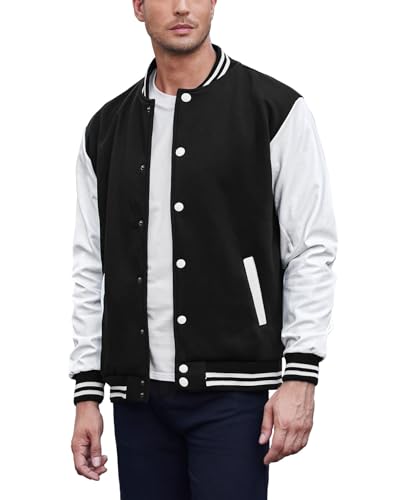 COOFANDY Mens Slim Fit Varsity Jacket Casual Baseball Jackets Lightweight Pure Black Medium