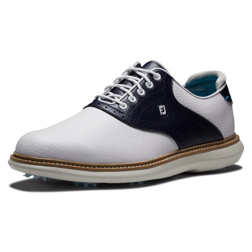 FootJoy Men's Traditions Golf Shoe, White/Navy, 10