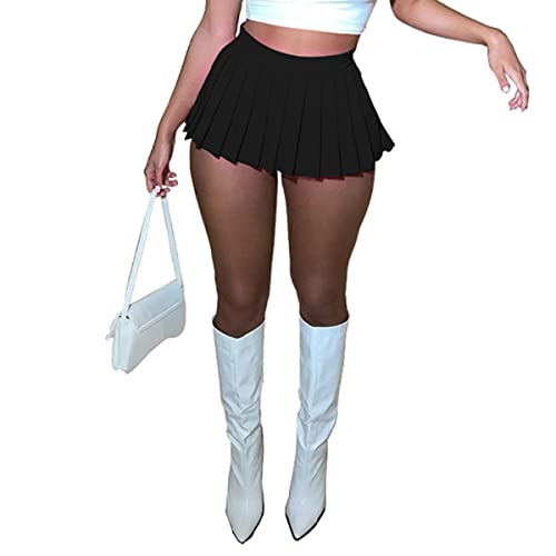 Women's Mini Pleated Skirts Sexy Club Y2k High Wiast Stretchy Tennis Skater A-line Skirt(Black XL)