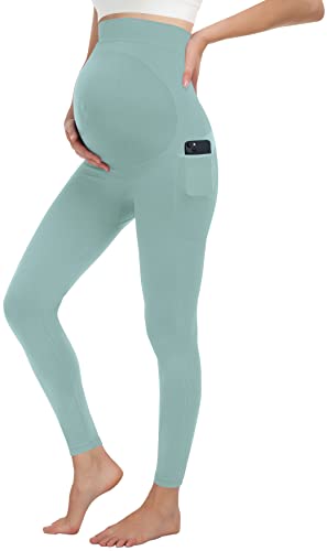 MIRITY Maternity Seamless Leggings Over The Belly Pregnancy Workout Stretchy Pants with Pockets Blue