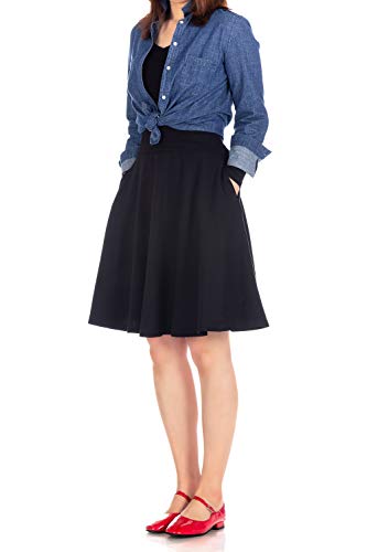 Tidy Women's Cotton Blend High Waist Aline Hidden Pockets Full Flared Circle Skater Knee Length Skirt (L, with Pockets Black)