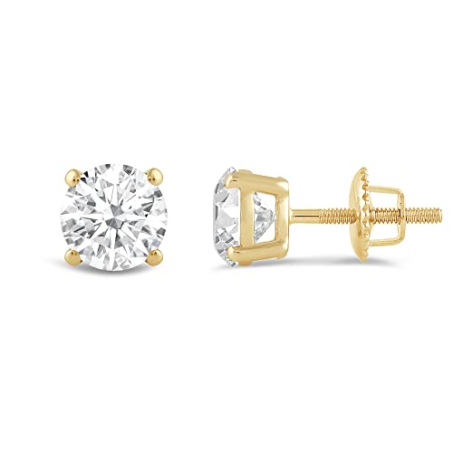 14K Solid Yellow Gold Stud Earrings | Round Cut Cubic Zirconia | Screw Back Posts | 2.0 CTW | With Gift Box