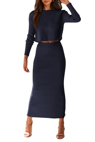 PRETTYGARDEN Women's Winter 2 Piece Sweater Set Rib Knit Long Sleeve Crop Top Maxi Bodycon Skirt Casual Outfits Dress (Dark Blue,Small)