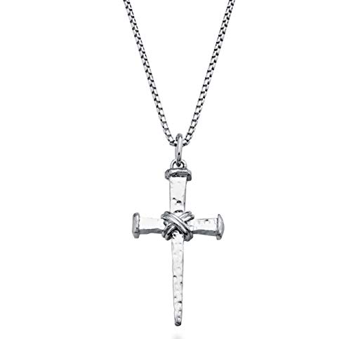 Miabella Italian Rope Wrap Nail Cross Pendant Necklace Box Chain, Rhodium or 18K Yellow Gold Over 925 Sterling Silver Made in Italy (Length 22 Inches, Rhodium-Plated-Silver)