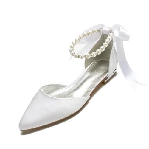 Women Satin Pearls Wedding Flats Shoes for Bride Pointed Toe Prom Evening Bridal Party Dress Flats-Ivory