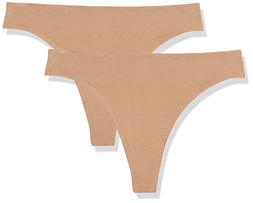 Amazon Aware Women's Super Soft Cotton Mid-Rise Thong Underwear, Pack of 2, Camel, Medium