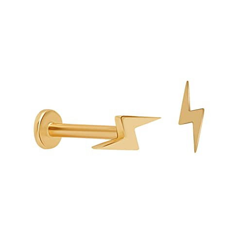 14K Solid Yellow Gold Lightning Bolt Cartilage Stud Earring Conch Tragus Helix Daith Ear Piercings Internally Threaded Flat Back Earring Jewelry For Men Women Girls, Sold Separately