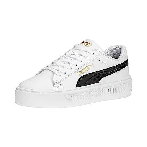 PUMA Women's SMASH PLATFORM V3 Sneaker, PUMA White-PUMA Black-PUMA Gold, 8.5