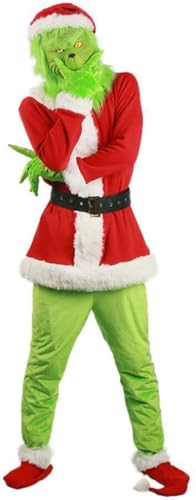 Adrinfly Christmas Big Monster Santa Suit for Adult Green Deluxe Santa Costume With Mask L
