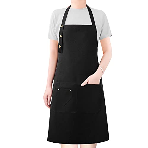 LOYGLIF Aprons for Women Men with Pockets,BBQ Chef Cooking Artist Waterdrop Resistant Canvas Cotton Adjustable Kitchen Grill Baking Bib Aprons Black