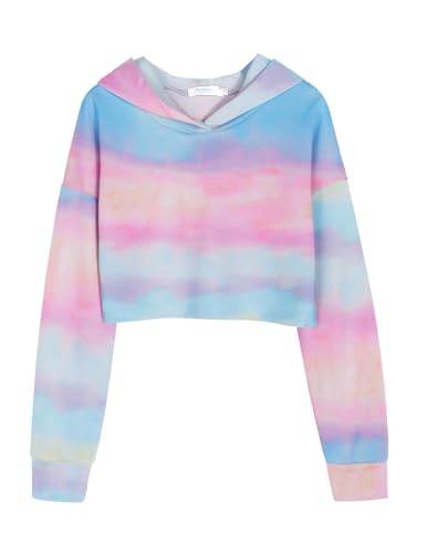Arshiner Girls Crop Tops Tie-Dye Hoodies Kids Long Sleeve Pullover Sweatshirts Gradient Blue Pink for 15-16 Years
