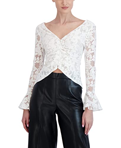 BCBGMAXAZRIA Women's Fitted Lace Top Long Sleeve Bell Cuff Ruched Bodice Shirt, Gardenia, Small