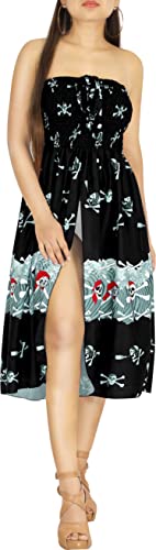 LA LEELA Women's Halloween Evening Vintage Party Caribbean Pirate Midi Slit Dress Flowy Elastic Tube Top Dresses for Women One Size Skull, Pirate Black