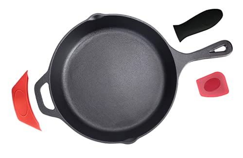 Pinnacle Cookware - 12inch / 30cm Pre-Seasoned Large Heavy Duty Cast Iron Round Skillet/Frying Pan, Oven Safe, Outdoor Cooking - Black Silicon Handle and Red Silicon Scraper Set Included (3.7Kg)