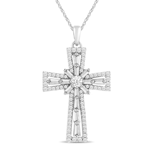 Amazon Collection 10K White Gold Diamond Cross Pendant Necklace (1 cttw), 18'