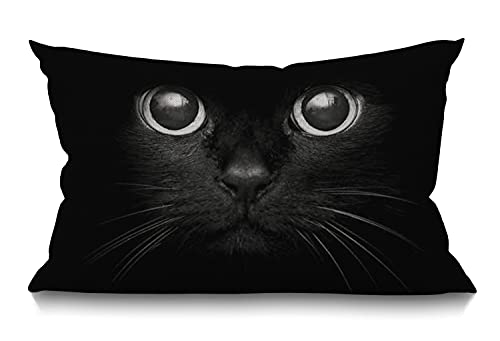 Smooffly Cat Pillow Case,Cute Black Cat Face with Black Eye Cotton Linen Throw Pillow case Cushion Cover for Sofa Home Decorative Oblong 12x20 Inches