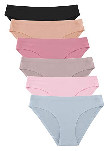 FINETOO 6 Pack Women’s Seamless Hipster Underwear No Show Panties Invisibles Briefs Soft Stretch Bikini Underwears XS-XL(L)