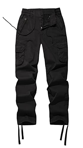 Women's Drawstring Stretchy Waist Relaxed Fit Cotton Outdoor Tactics Combat Multi Pocket Cargo Hiking Pants Black S