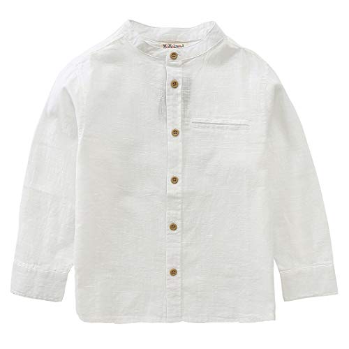 MOMOLAND Boys Long Sleeve Mandarin Collar Woven Button Down Shirt Linen Design White Blue (6Y, Off White)