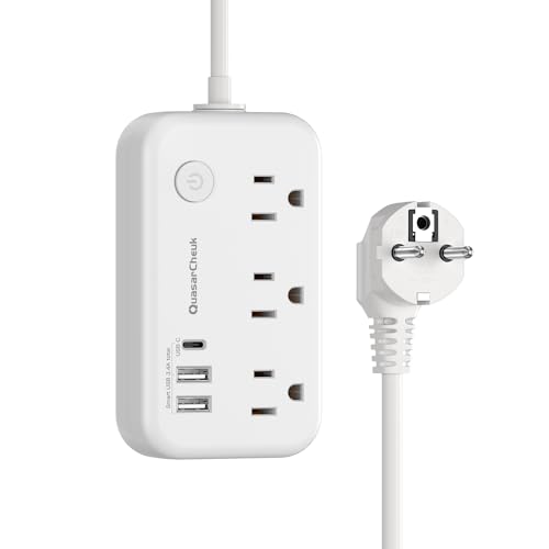 European Travel Plug Adapter, US to Europe Plug Adapter with 3 AC Outlets and 3 USB, Type E/F - International Power Strip for USA to Europe EU Germany France Iceland Greece Spain, 4ft, White