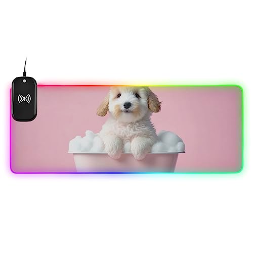 VEKELEE Cute Puppy Dog in Bathtub Gaming Mouse Pad Wireless Glowing Mouse Pad with 14 Lighting Effects, Non-Slip Rubber Base, Suitable for Gamers 31.5x11.8In