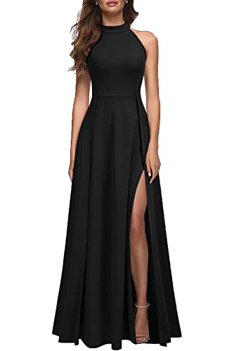 MUSHARE Women's Halter Neck Sexy Split Cocktail Party Maxi Long Formal Dress Black