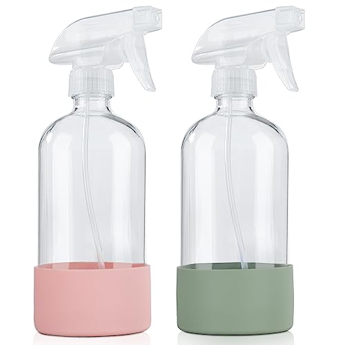 HOMBYS Empty Clear Glass Spray Bottles with Silicone Sleeve Protection - Refillable 17 oz Containers for Cleaning Solutions, Essential Oils, Misting Plants - Quality Sprayer - 2 Pack