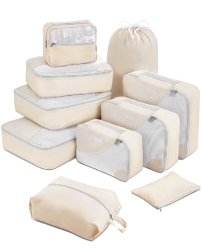 OlarHike Travel Essentials ALL INCLUDED 10 Set Durable Packing Cubes for Suitcases, UPGRADED Anti-Tear Stitching, NEW Improved Luggage Packing Organizers for Travel Accessories(Cream)