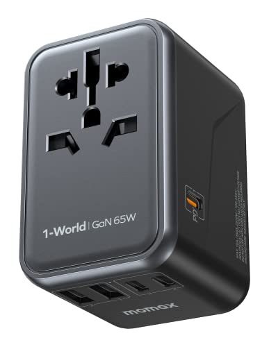 MOMAX Universal Travel Adapter, 65W GaN International Power Adapter with UK,EU,AU,US Plugs, 3USB-C PD & 2USB-A QC Worldwide Travel Plug Adapter, International Converter for Laptops Tablets Phones