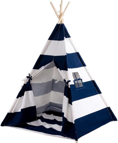 Costzon Kid Teepee Tent, Classic Indian Tent, 5' Cotton Canvas Baby Children Playhut with Carry Bag, Walls, Door, Window and Floor, Play Tent for Toddlers Boys and Girls (Blue & White Stripe)