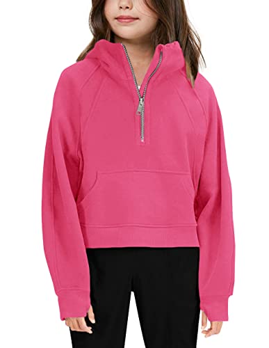 Girls' Hoodies Sweatshirts Half Zipper Pullover Crop Tops for Teen Girls Long Sleeve Sweater Thumb Hole Pink Red