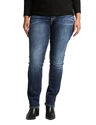 Silver Jeans Co. Women's Plus Size Suki Mid Rise Curvy Fit Straight Leg Jeans, Vintage Dark Wash With Lurex Stitch, 18 Plus
