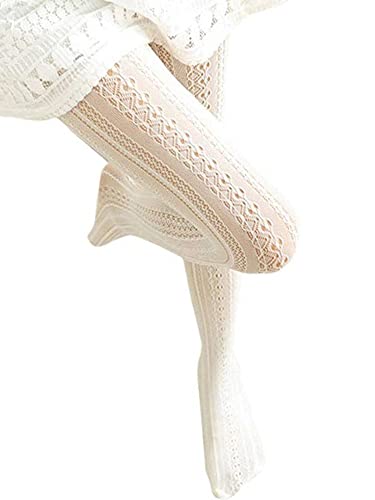 Women Fishnet Hollow Out Knitted Patterned Stockings Tights Vertical Strips Pantyhose For Female (White, One Size)
