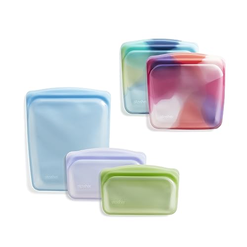 Stasher Reusable Silicone Storage Bag, Food Storage Container, Microwave and Dishwasher Safe, Leak-free, Bundle 5-Pack, Tie Dye