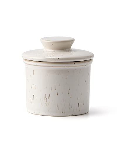 XELA Porcelain Butter Keeper Crock, French Butter Crock for Counter, Butter Keeper With Water Line for Fresh Spreadable Butter-Speckled White