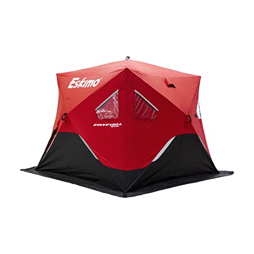 Eskimo FF949 FatFish Pop-up Portable Hub-Style Ice Shelter, Wide Bottom Design 61 sq ft. Fishable Area, 3-4 Person Non-Insulated , Red , 99' x 99'