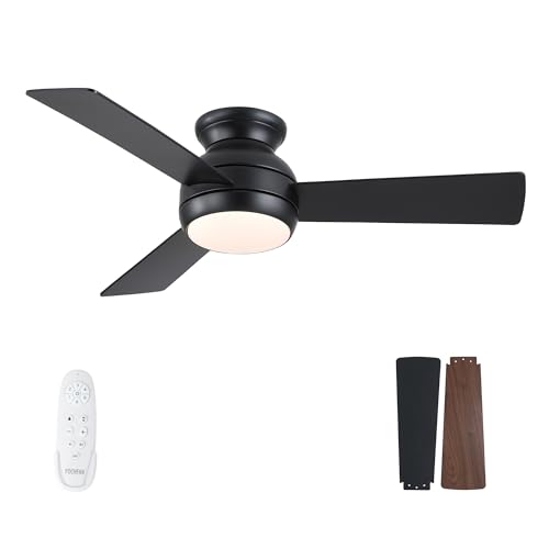 POCHFAN Ceiling Fans With Light and Remote 42 Inch, Low Profile Black Ceiling Fan with Quiet DC Motor, Dimmable 6 Speeds Reversible LED Modern Flush Mount Ceiling Fan for Bedroom, Living Room