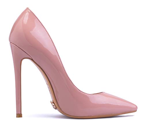 Petit Cadeau Leona - Women's Classic & Sexy Pointed Toe Slip on Pumps with 5' Stiletto High Heels. Handmade to Perfection. Size 7 Nude-Patent