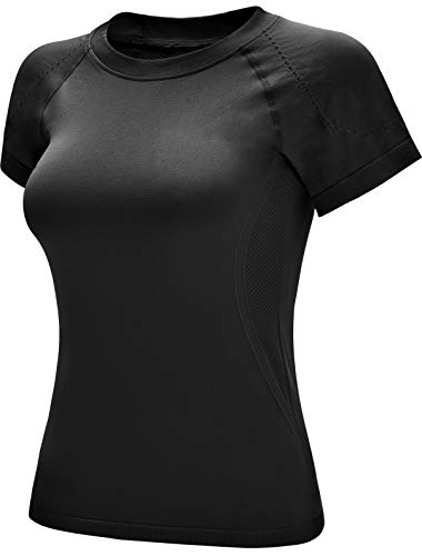 RUNNING GIRL Seamless Workout Shirts for Women Dry-Fit Short Sleeve T-Shirts Crew Neck Stretch Yoga Tops Athletic Shirts (TX2443Black, M)