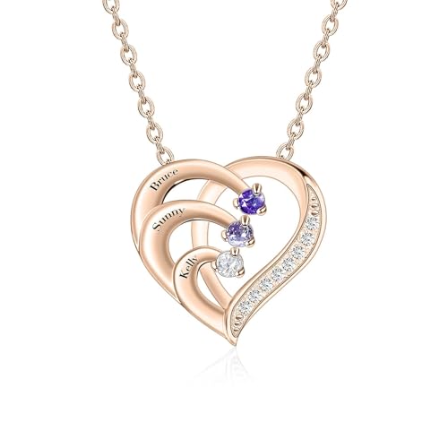 ORFANDE Personalized Sterling Silver Mothers Name Necklace with 2-4 Simulated Birthstones Custom Heart Pendant Necklace Personalized for Mother's Day (Rose gold)