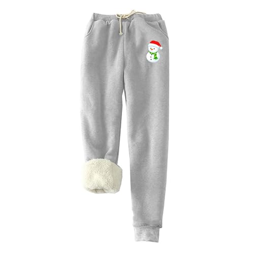 Winter Warm Fleece Jogger Pants Women Sherpa Lined Athletic Active Sweatpants Vacation Snowman Graphic Casual Leggings Fleece Lined Sweatpants for Women Gray