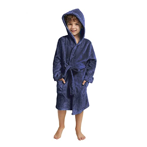 V.&GRIN Boys Fleece Robe, Hooded Toddler Soft Fuzzy Bathrobe for Kids 3-14 Years（Navy 7-8