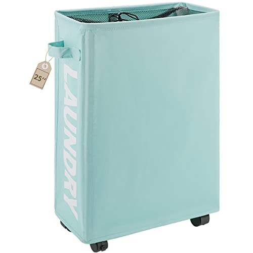 TOTANKI 25' Rolling Slim Laundry Basket on Wheels, Foldable Laundry Hamper with Handle, Collapsible Laundry Sorter and Organizer, Tall Storage Basket Bin (Light Blue)