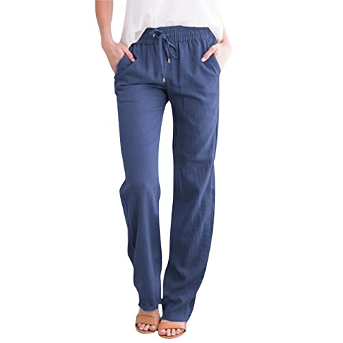 my orders under 10 dollars for women Summer Capri Pants for Women Casual Drawstring Elastic Waist Linen Pant Straight Wide Leg Cropped Trouser with Pockets capri linen pants for women Blue-2 M