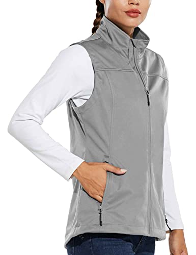 BALEAF Women's Lightweight Vest Softshell Sleeveless Jacket Windproof Stand Collar with Zipper Pockets Running Hiking Golf Light Grey M